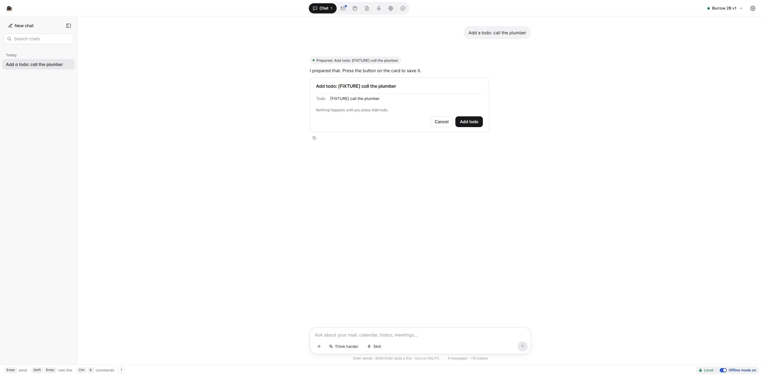 The Burrow app, chat view: a request to add a todo, answered with an approval card that says nothing happens until you press Add todo, with Cancel and Add todo buttons.